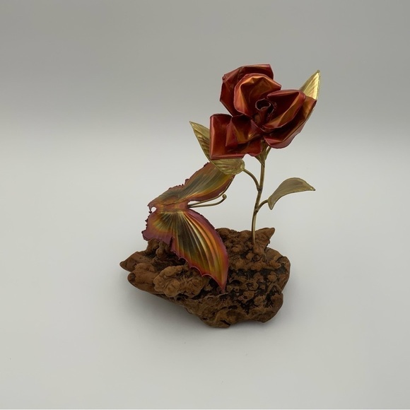 Vintage Brutalist Copper Butterfly And Rose Sculpture On Burl Wood 9” Tall - Picture 3 of 7